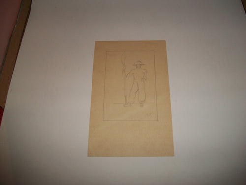 Oriental Man with Sword Penciled Drawing
